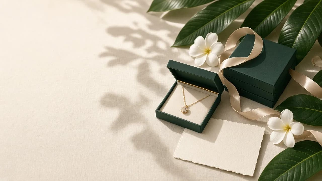 Crystal jewellery in an ivory gift box with ribbon and frangipani